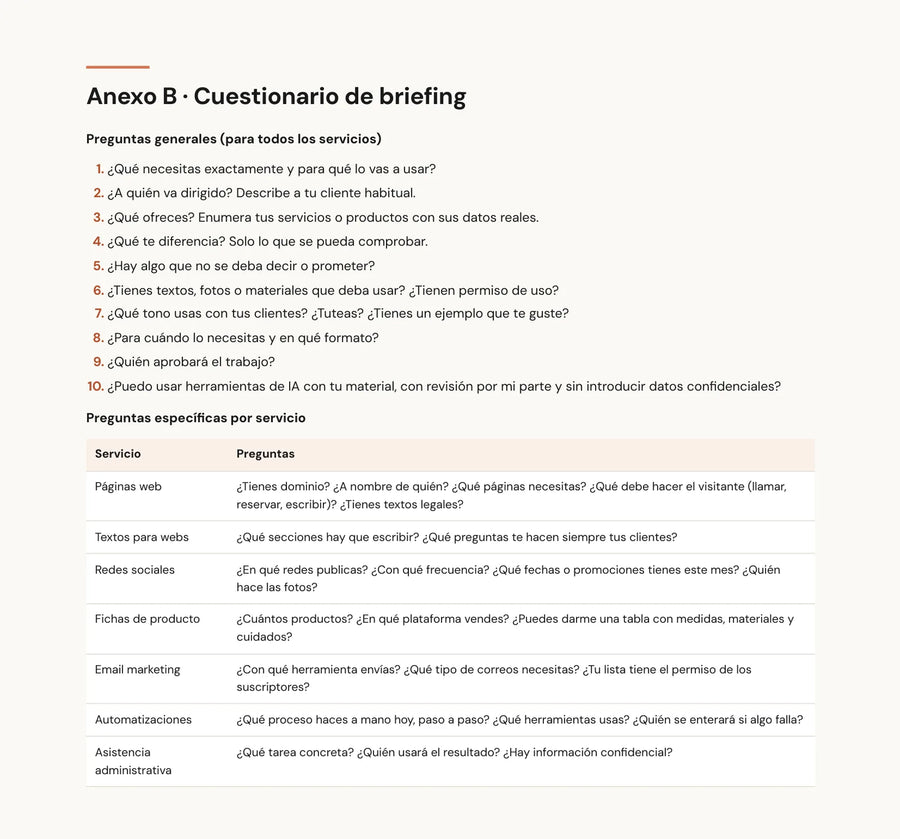 Anexo B del e-book: cuestionario de briefing con preguntas generales y preguntas específicas para cada uno de los siete servicios