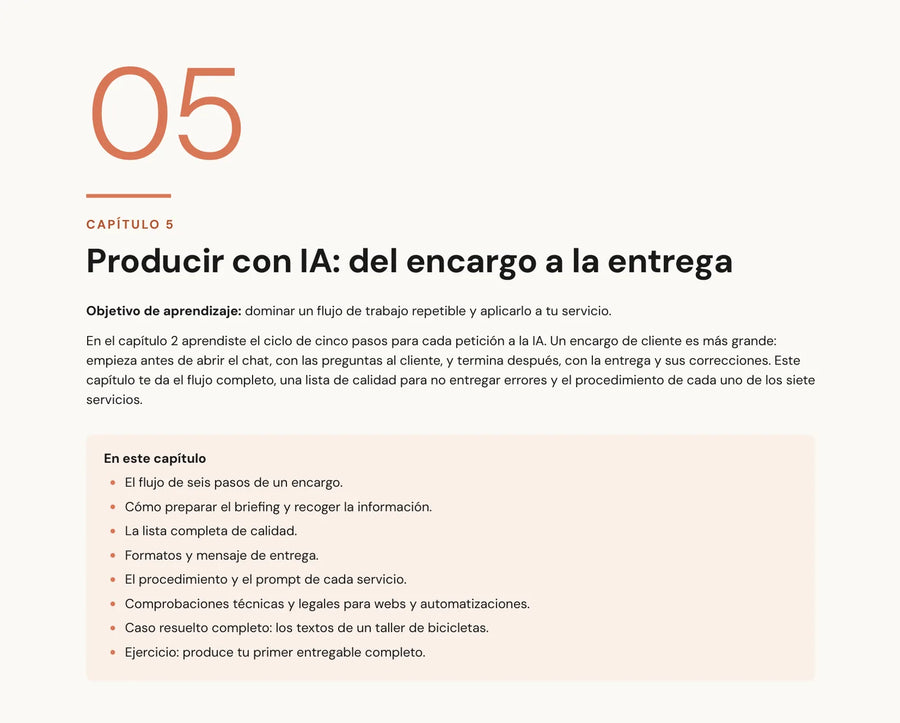Apertura del capítulo 5, «Producir con IA: del encargo a la entrega», con el objetivo de aprendizaje y la lista de contenidos del capítulo
