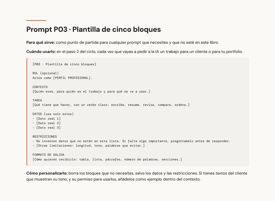 Página del prompt P03, «Plantilla de cinco bloques», con el prompt en tipografía monoespaciada y las indicaciones para personalizarlo